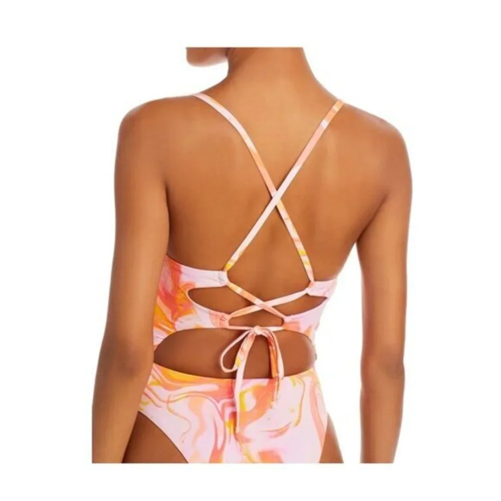 Aqua Womens Cutout One-Piece Swimsuit Pink/Orange Marble Print S NWT $98